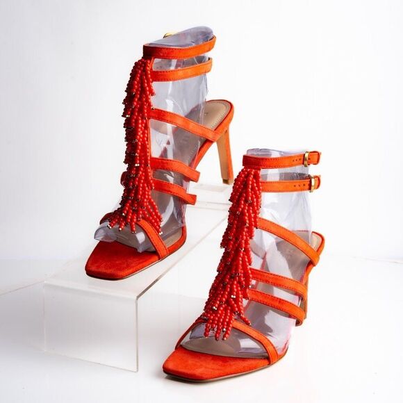 Boden Womens sandals Heels Orange Suede Beaded Open Toe US 7 EU 38 NWD - Picture 1 of 12